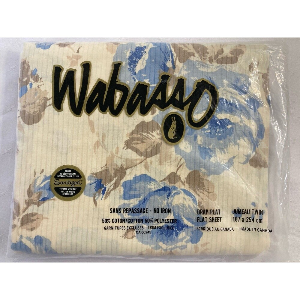 Vintage Wabasso Dusky Rose Twin Top Flat Sheet Blue Floral NOS Finesse Line